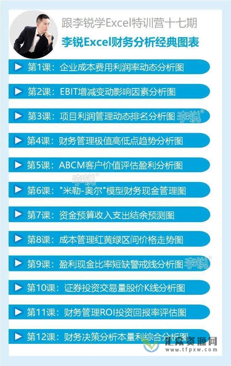 《李锐Excel特训营十七期》工作案例精讲+12套Excel财务分析经典图表插图1