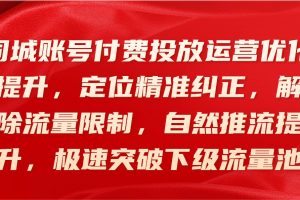 同城账号付费投放运营优化提升，​定位精准纠正，解除流量限制，自然推流提升，极速突破下级流量池