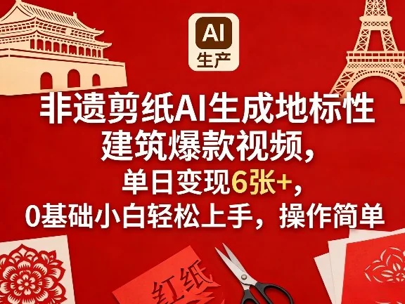 非遗剪纸AI教程：0基础小白轻松上手，生成地标建筑爆款视频，单日变现6张+插图