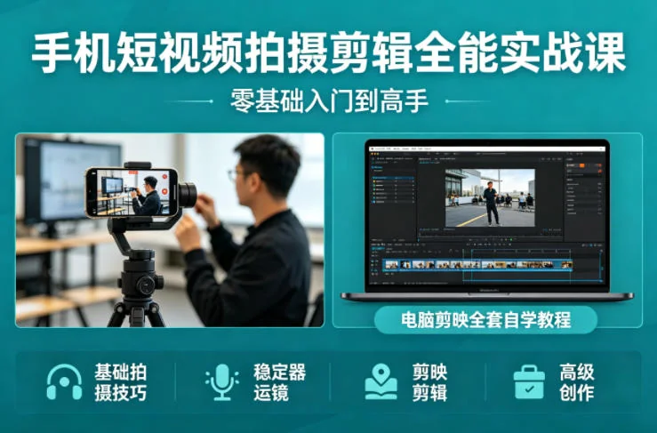 零基础手机短视频拍摄剪辑实战课：从稳定器运镜到电脑剪映全套教程，新手快速入门进阶高手插图