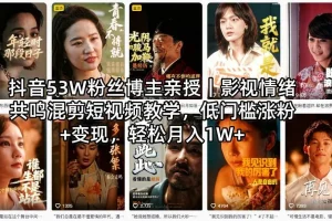 抖音53W粉丝博主亲授｜影视情绪共鸣混剪教程，低门槛涨粉与变现技巧，月入过万攻略