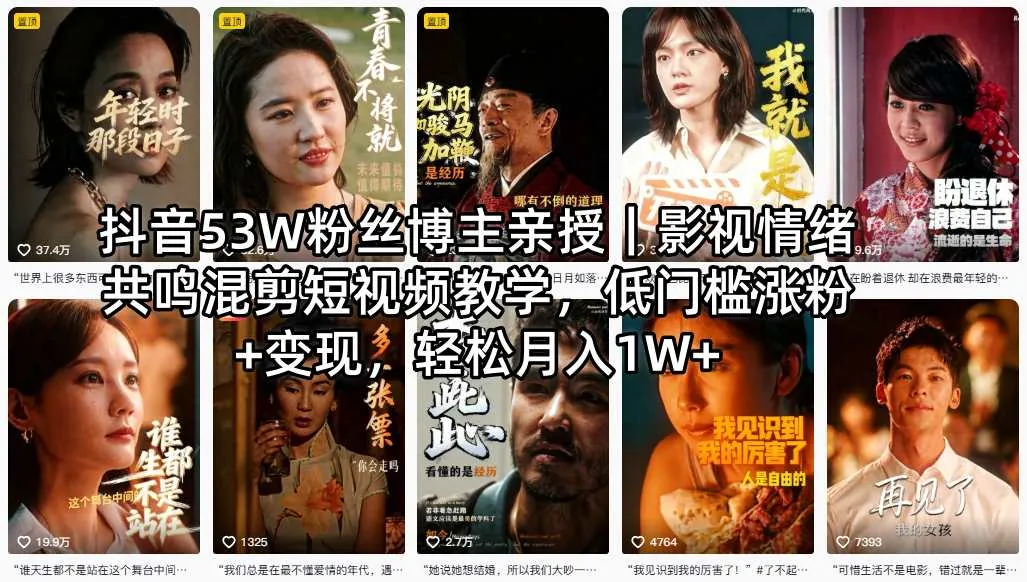 抖音53W粉丝博主亲授｜影视情绪共鸣混剪教程，低门槛涨粉与变现技巧，月入过万攻略插图