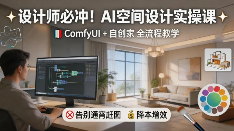 AI空间设计实操课：ComfyUI+自创家全流程教学，设计师高效出图降本增效插图