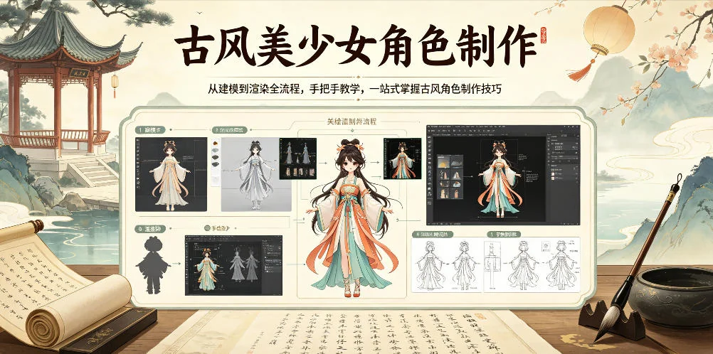 古风美少女角色制作全流程教学：建模到渲染，手把手掌握核心技巧插图