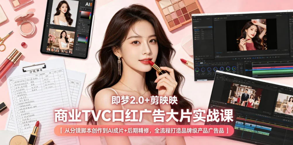 即梦2.0+剪映实战：口红TVC广告全流程制作课，从分镜脚本到AI成片与后期精修插图