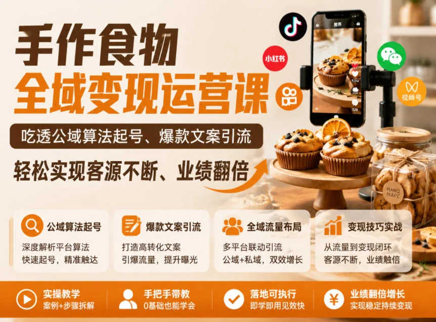 手作食物全域变现运营课:掌握公域算法起号技巧与爆款文案引流,实现客源增长业绩翻倍插图 手作食物全域变现运营课:掌握公域算法起号技巧与爆款文案引流,实现客源增长业绩翻倍插图