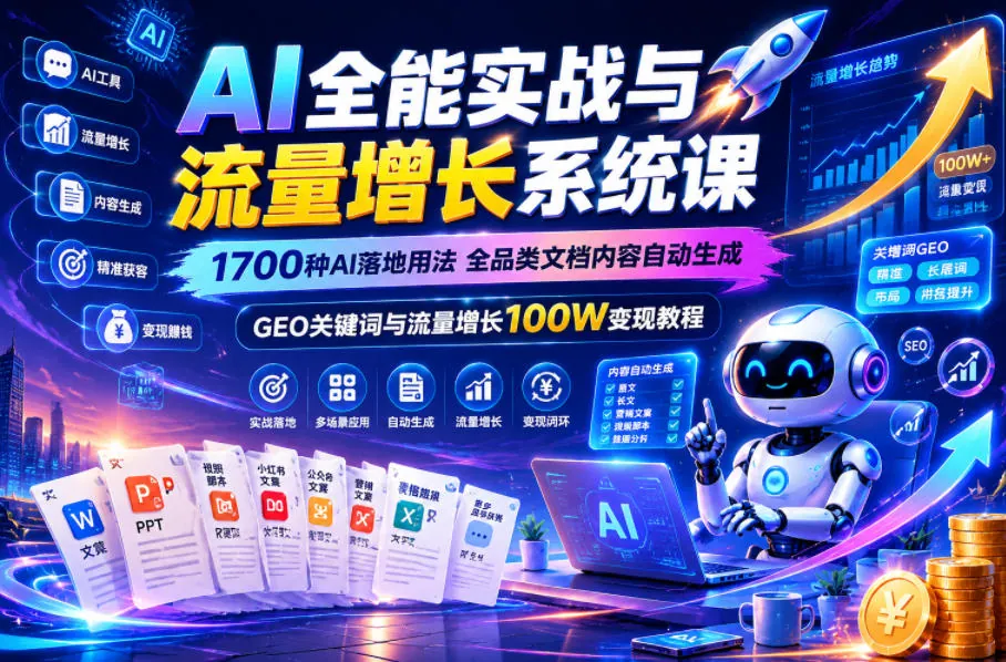 AI全能实战课:1700种落地用法+全品类文档自动生成,GEO关键词助力流量增长与百万变现教程插图 AI全能实战课:1700种落地用法+全品类文档自动生成,GEO关键词助力流量增长与百万变现教程插图