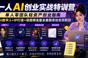 一人AI创业实战特训营：零团队轻资产创业指南，AI数字人+IP打造+短视频流量变现全攻略