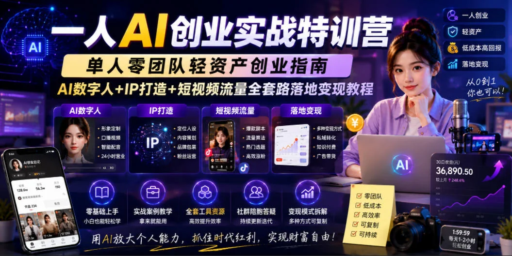 一人AI创业实战特训营：零团队轻资产创业指南，AI数字人+IP打造+短视频流量变现全攻略插图