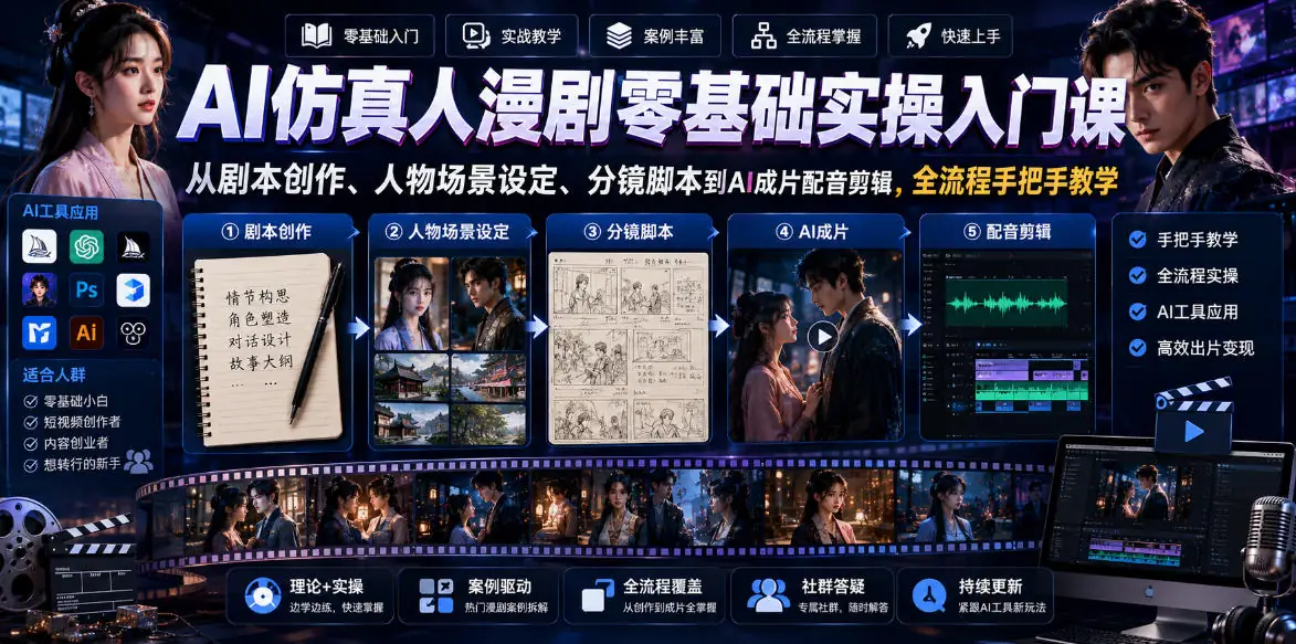 AI仿真人漫剧零基础实操课:剧本创作、人物场景设定、分镜脚本到配音剪辑全流程教学插图 AI仿真人漫剧零基础实操课:剧本创作、人物场景设定、分镜脚本到配音剪辑全流程教学插图