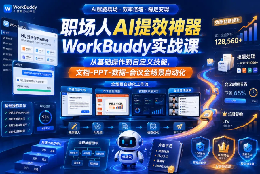 职场人必备AI提效课:WorkBuddy实战指南,从基础操作到文档、PPT、数据、会议全场景自动化插图 职场人必备AI提效课:WorkBuddy实战指南,从基础操作到文档、PPT、数据、会议全场景自动化插图