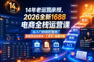 2026全新1688电商全栈运营课:14年老运营亲授,从入门到高阶落地,附自动运营表+工具包+直播诊断