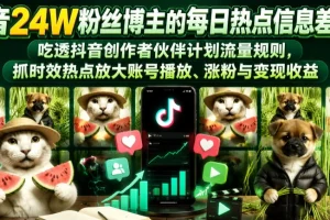 抖音24W粉丝博主揭秘:每日热点信息差教学,掌握创作者伙伴计划流量规则,提升播放、涨粉与变现收益(持续更新)