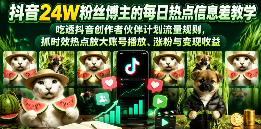 抖音24W粉丝博主揭秘：每日热点信息差教学，掌握创作者伙伴计划流量规则，提升播放、涨粉与变现收益（持续更新）插图