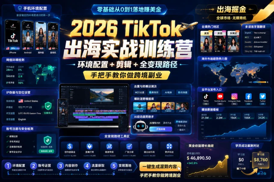 2026 TikTok出海实战训练营:环境配置、剪辑与全变现路径,手把手教你做跨境副业插图 2026 TikTok出海实战训练营:环境配置、剪辑与全变现路径,手把手教你做跨境副业插图