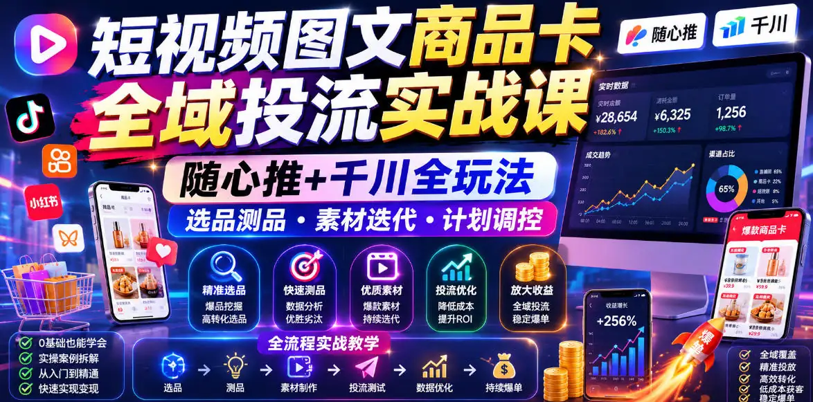 短视频图文商品卡全域投流实战指南：随心推+千川玩法，选品测品与素材迭代，提升ROI爆单增收教程插图