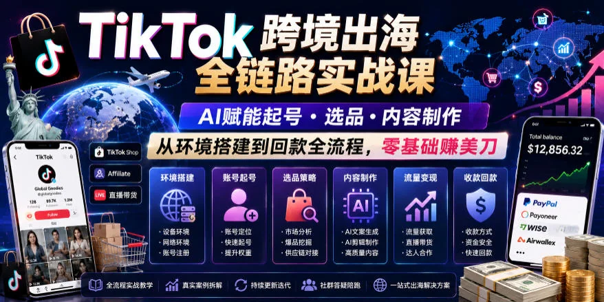 TikTok跨境出海实战课：AI赋能起号、选品与内容制作，零基础掌握环境搭建到回款全流程插图