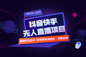 快手抖音无人直播项目躺赚带货技术教程，日赚300-3000元